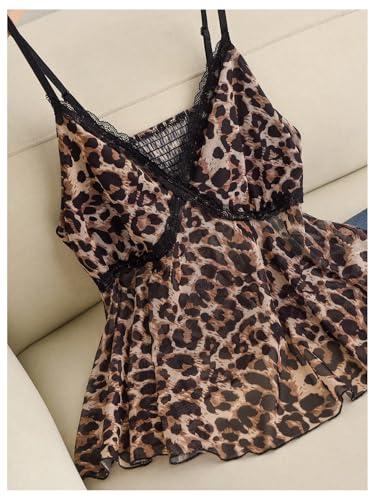 MakeMeChic Women's Plus Size Mesh Lace Leopard Print Cami V Neck Ruffle Hem Shirred Y2k Tops4