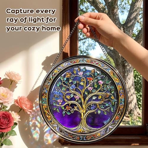 Stained Glass Window Hanging, Vintage Tree of Life Sun Catchers, Colorful Glass Panel Suncatcher Decor for Home Garden Decor, Birthday Gift for Women Mom Wife Aunt(7.87In) — view 5