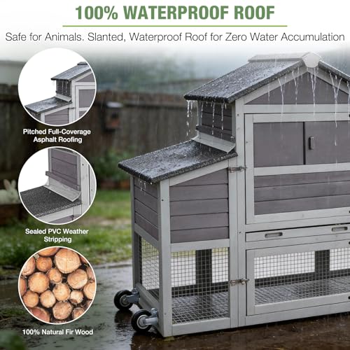 Image of Mobile Chicken Coop with Wheels for 4-6 Chickens, Large Outdoor Hen House with Run, Weatherproof Asphalt Roof, Sectionable Nesting Box & Pull-Out Tray, 82.4 inch L x 25.8 inch W x 44.1 inch H - Grey