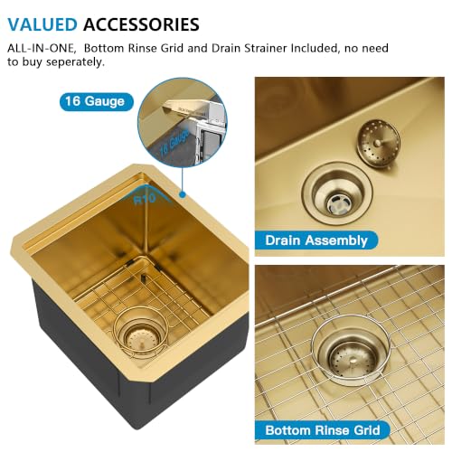 Image of 13 inchx15 inch Gold Bar Prep Sink Undermount Workstation | Brushed Gold NANO-PVD 16 Gauge T304 Stainless Steel Single Bowl Under Counter Basin for RV Kitchen Wet Bar Prep Station