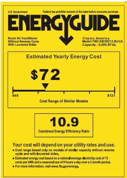 Energy Guide label for Classic America TWC-08CRD1-L0U-CA 8000 BTU Room Air Conditioner, showing estimated yearly energy cost of $72 and a Combined Energy Efficiency Ratio of 10.9.