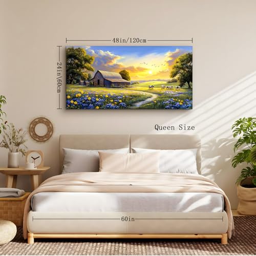 crmotu Rustic Nature Landscape Wall Art, Animal Cow Cottage Large Artwork, Country Meadow Wildflower Canvas Prints, Farm Sunset Aesthetic Pictures Wall Decor Living Room Bedroom Farmhouse 24X48 In