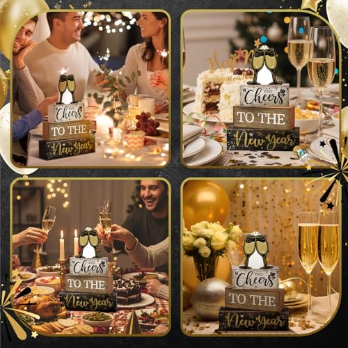 Moucuny 4 Pcs New Year Wooden Block Signs Farmhouse Table Centerpiece - Image 4