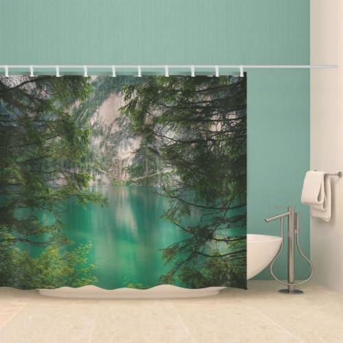 Rideau de douche textile vert motif arbres lac en polyester imperméable - 4