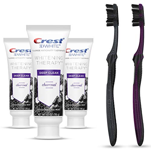 Crest 3d White Whitening Therapy Charcoal Deep Clean Fluoride Toothpaste Triple Pack and Oral-B Charcoal Whitening Therapy Toothbrush, Medium, Twin Pack