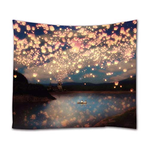 A.monamour Kongming Lantern Floating In Dark Sky Boat On River With Lights Mountain Picture Printed Fabric Wall Tapestry Wall Hangings Curtain For Bedroom Living Room Dorm #TOP6