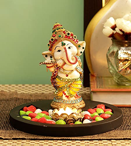 TIED RIBBONS Ganesh Statue Playing Bansuri with Wooden Flower Tealight Holder Colorful Stones and Wooden Base - Home Decoration Item for Home Mandir Gifts for Family and Friends