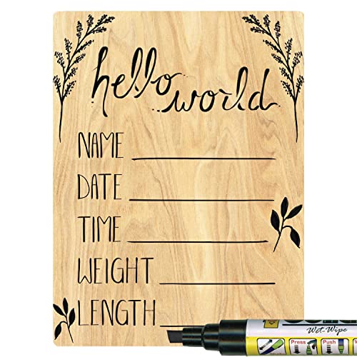 Cohas Hello World Newborn Baby Announcement Sign with Printed Wood Surface, 5 by 7 Inches, Black Marker