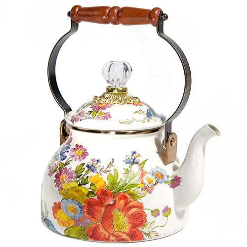MACKENZIE-CHILDS Enamel Tea Kettle, Stylish Tea Kettle for Stovetop, White Flower Market, 2 Quarts