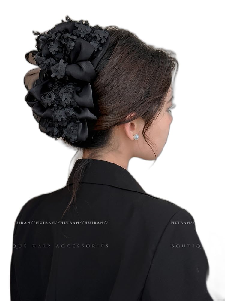 リボンバンスクリップ 大型 まとめ髪 ヘアクリップ バンスクリップ ヘアクリップ オフィス シンプル ヘアアクセサリー 多重リボン 華やか ー 韓国風 オフィス 人気 おしゃれ 贈り物 レディース用 ブラック 19㎝