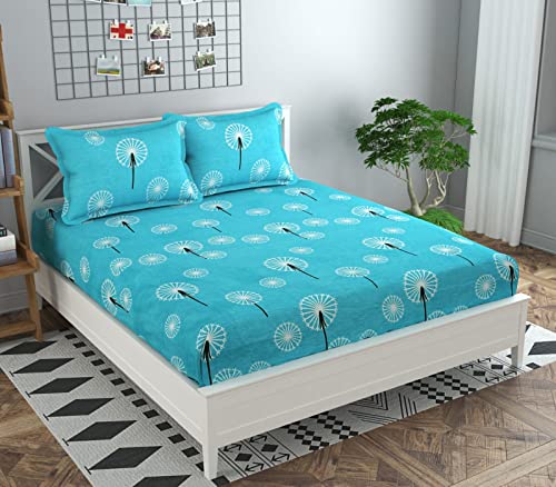 Image of Precsie Fabrics Luxrious Elastic Fitted Glace Cotton King Size (84x75x Upto 8 Inches) Bedsheet with 2 Pillow Covers-200TC (Green Wind)