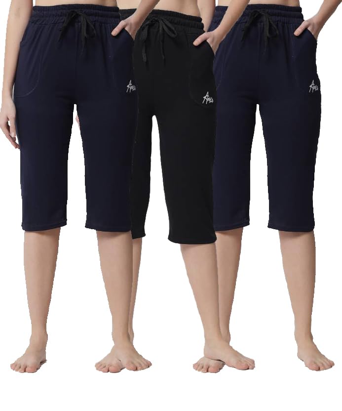 Image of Women's Cotton Capri Pants, Drawstring Waist, Knee Length, Pack of 3