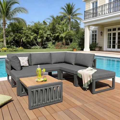 Lekvvied Juego de muebles de jardín exterior para 5 6 personas, sofá de jardín exterior con cojines y respaldo, tumbona doble para exterior con respaldo ajustable, juego de sofás de patio resistentes