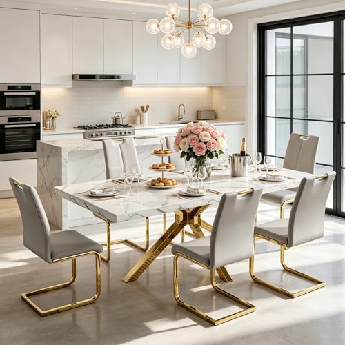 Faux Marble Dining Table Set for 6, Modern Kitchen Table Chairs Set 6, 70" Faux Marble Table with Gold Stainless Steel Leg, 6 Grey Pu Leather Chairs, 7 Piece Dining Set for Kitchen Living Dining Room