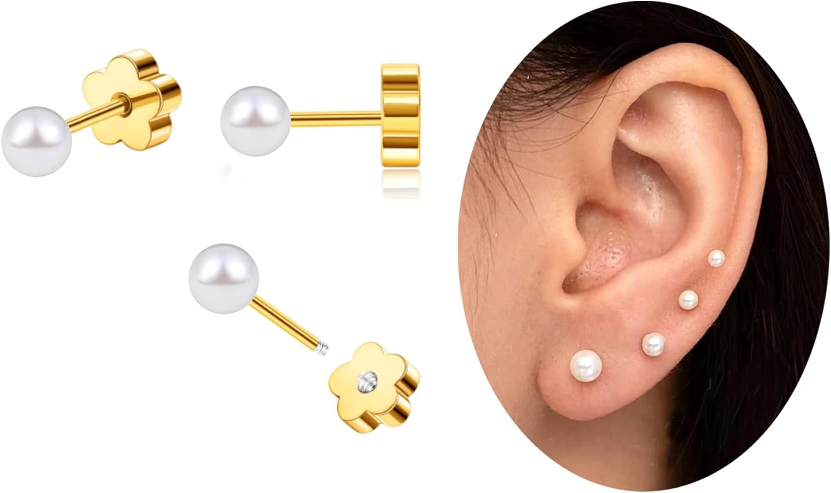 Amazon.com: TupMi Flat Back Pearl Stud Earrings, 4mm, Gold