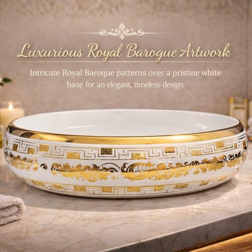 Image of Wallace Luxury Oval Table Top Wash Basin 60x40x15 cm | Royal Baroque Gold Pattern Ceramic Countertop Vessel Sink | Premium Vanity Basin for Bathroom, Hotel & Modern Interiors