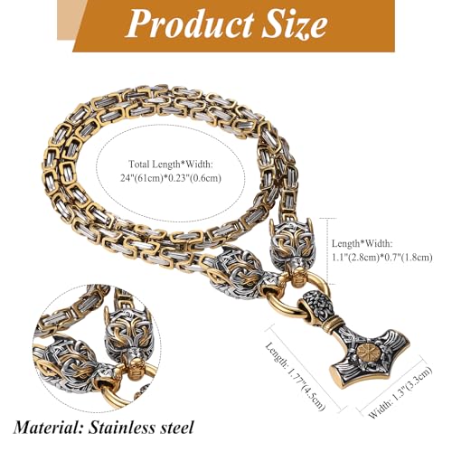 OIDEA Viking Thor's Hammer Necklace for Men: Vintage Viking Helm of Awe Mjolnir Pendant with Wolf Head Byzantine Chain Amulet Jewelry Gift for Men Women4