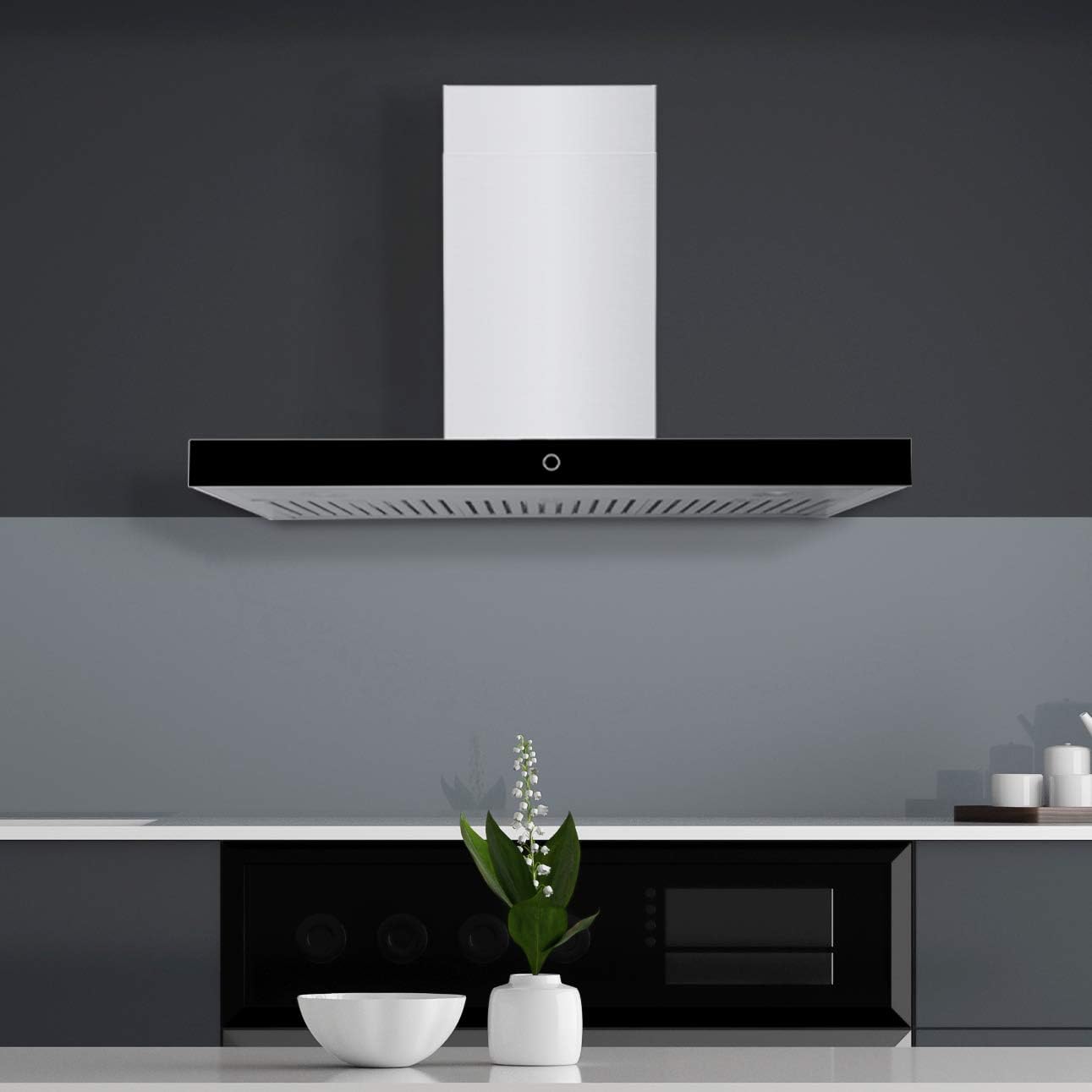 Hauslane Wall Mounted Range Hood 30 Inch WM-739, Powerful Suction, Wall Mount Kitchen Vent, Stainless Steel, Black Glass Panel, 3 Speed Touch Control, Baffle Filter Vented or Ventless 6" Duct