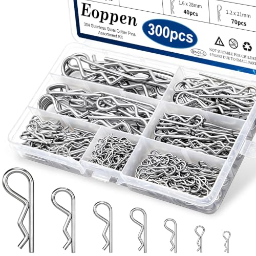 Image of 300Pcs Cotter Pin Assortment Kit - 304 Stainless Steel 7 Sizes R Clips Cotter Pins for Automotive, Trailer, Hitch Pin Lock System