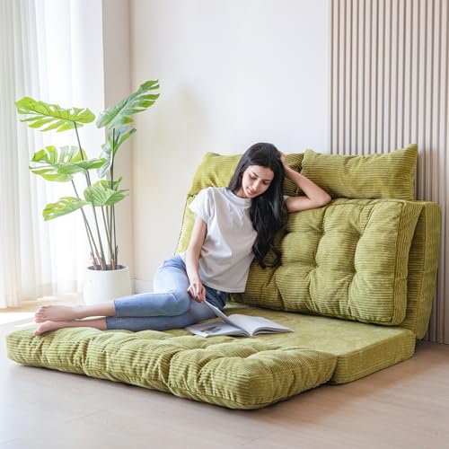 Image of MAXYOYO Folding Sofa Bed, Tufted Bean Bag Bed with Pillows Floor Couch for Adults, Extra Thick and Long Floor Sofa, Single Couch for Bedroom Living Room, Green, 30x91 Inch