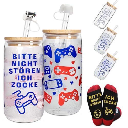 ANOTION Zocker Geschenk - 18oz Farbwechselnd Gaming Becher Glas Tassen mit Deckel und Strohhalme Gamer Cup Lustige Socken Valentinstag Geschenke Für Männer Teenager Coole Sachen Für Jungs Teen Boy