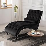 Chaise Lounge Chair Indoor, Modern Button Tufted Velvet Leisure Accent Chair with Solid Wood Legs & Lumbar Pillow, Luxury Upholstered Recliner Single Sleeper Sofa for Living Room, Bedroom, Black