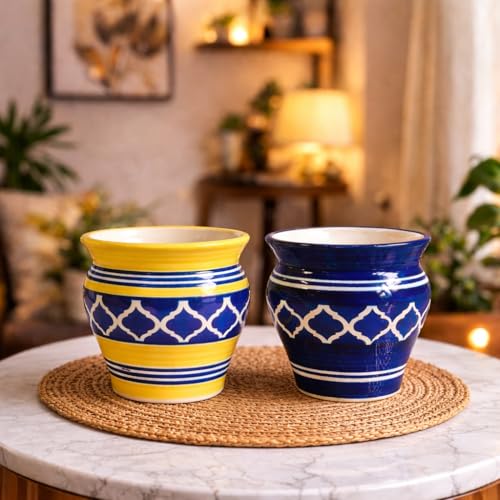 Image of Niyara Ceramic Planter Pots, Blue & Yellow Decorative Flower Pots for Indoor Plants, Home Decor, Office Desk, Balcony & Garden (Set of 2)