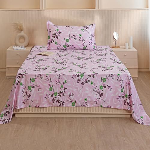 Image of HOMEMONDE Cotton 210 TC Bedsheet for Single Bed Soft & Breathable Floral Printed Flat Sheet with 1 Pillow Case, (60 x 90 Inch, Lavender Pink) | Perfect for Home Decor & Gifting