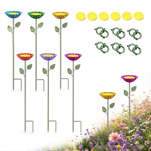 6 Pack Bee Watering Station with Metal Flower Design, Colorful