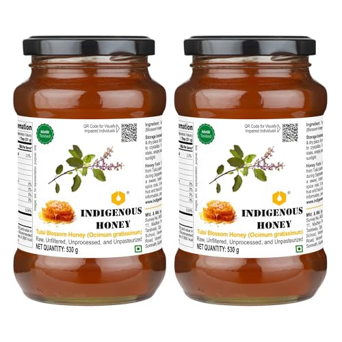 Image of INDIGENOUS HONEY Tulsi Basil Honey Raw Natural Pure Unprocessed NMR Tested Unpasteurized Unheated 530g Glass Jar Pack of 2