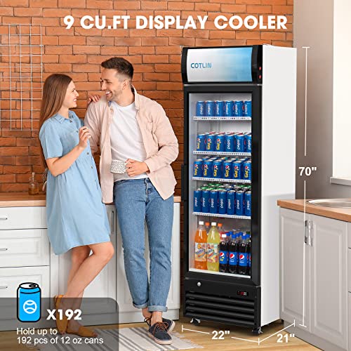 Cotlin Commercial Merchandiser Refrigerator With Led Lighting Single Glass Door, 9.0 Cu Ft Upright Display Beverage Cooler With Extra Shelves Drink Holders, Etl Nsf Approved #TOP1