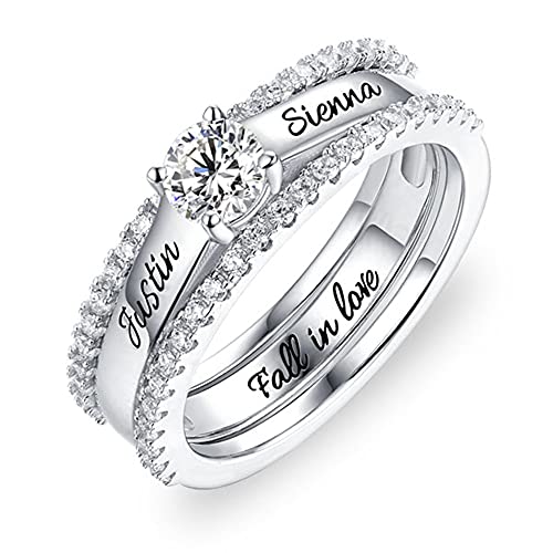 Personnalisé Double nom CZ Bague avec Zircone Cubique 925 Argent Sterling nom Personnalisé Promesse Bague de Fiançailles Bijoux Gravure Anniversaire Alliance Cadeau Pour les Femmes