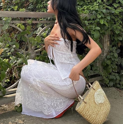 Women Y2K Vintage Lace Maxi Skirt Set Summer 2 Piece Outfits Strapless Split Tube Top and Maxi Skirt Set4