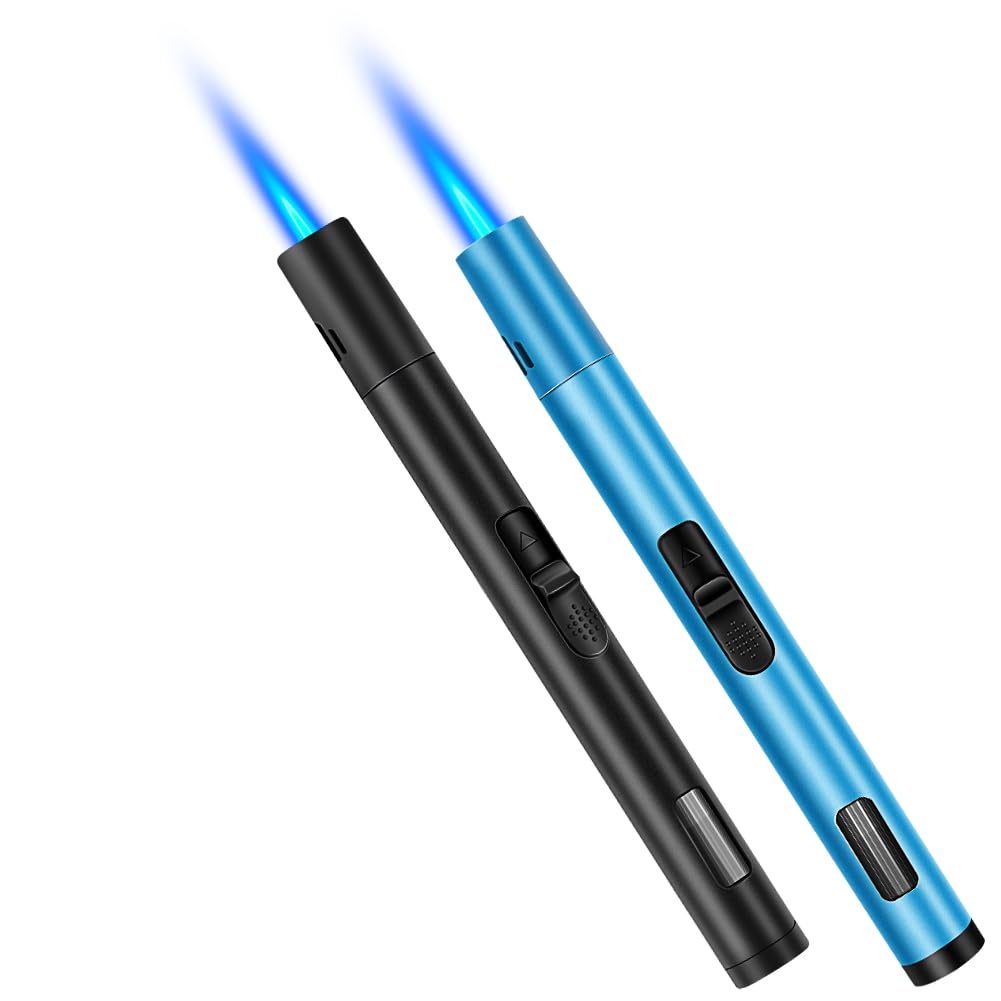 Butane Torch Lighter 2 Pack Pen Torch BBQ Lighter Refillable Gas Lighter Long Reach Windproof Lighters for Candle Barbeque Fireplace Grill Camping (Black&Blue)（Without Fuel）