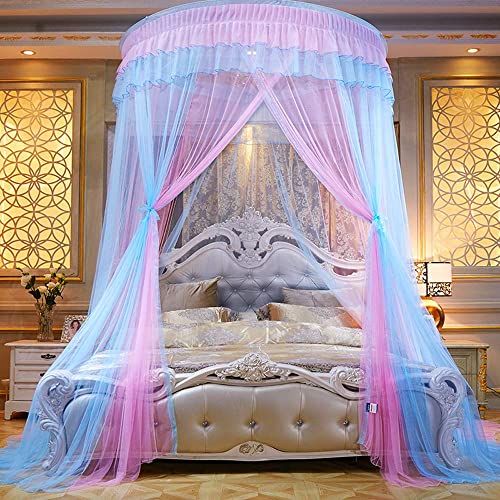 Mengersi Bed Canopy For Girls - Princess Elegant Lace Round Sheer Mesh Bed Curtains - Canopy For Girls Room Bedding Net For Twin Full Queen King Size (Pink And Blue) #TOP1