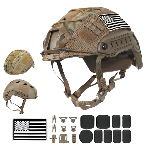 Airsoft Helmet, Fast PJ Type Tactical Paintball Helmet with Helmet Cover & Buffer Pads for Airsoft Paintball Cosplay Military Training Gift Tan Medium
