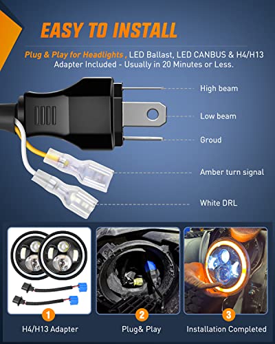 Image of Nilight 2PCS 7 Inch LED Halo Headlights w /Turn Signal Amber White DRL High Low Beam Round Headlamp for 2007-2018 Wrangler JK JKU 1997-2006 TJ Rubicon Sahara Motorbikes