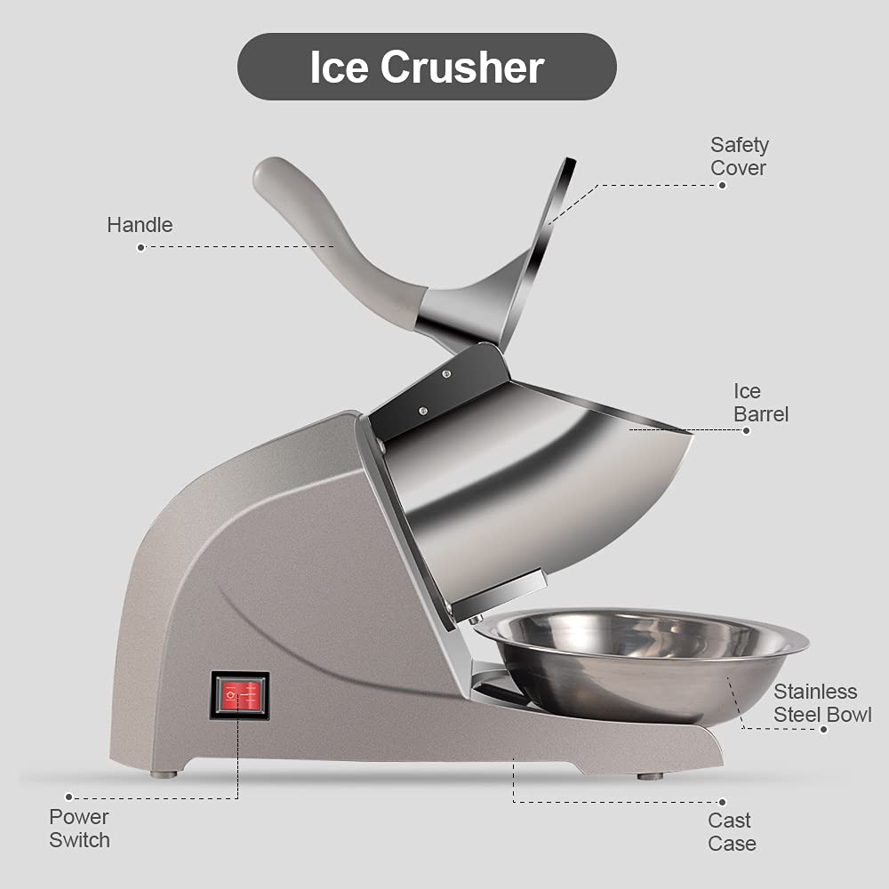 Máquina de cono de nieve 380 W, máquina de hielo afeitado de 3 cuchillas, máquina de afeitar de hielo de 280 libras/hora, trituradora de hielo eléctrica para evitar salpicaduras de nieve para 3