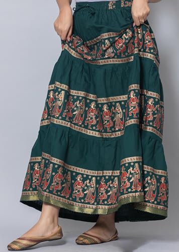 Image of Women's Cotton Printed Long Skirt | Ethnic Folk Print Tiered Maxi Skirt for Women | Elastic Waist Flared Boho Skirt | Traditional Casual for Women
