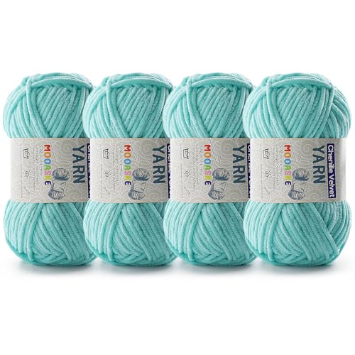 Image of 4 Pac Chenille Yarn for Crocheting - Blanket Yarn for Crocheting - Fluffy Yarn for Crochet, Baby Yarn for Crocheting Soft Blankets Weight Per Roll 50g /1.76oz, Length 60m /65yard (Aqua Green)
