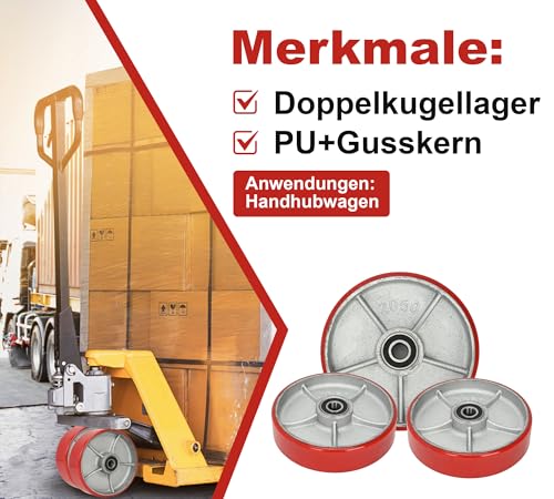 bimiti 2 Stück Hubwagenrollen Polyurethane/PU Ø200 x 50 mm, Achse 20 mm inkl. Kugellager Rollen für Hubwagen Ersatzrollen, Swivel Castor for Pallet Trucks,Max. Belastung 3000 KG
