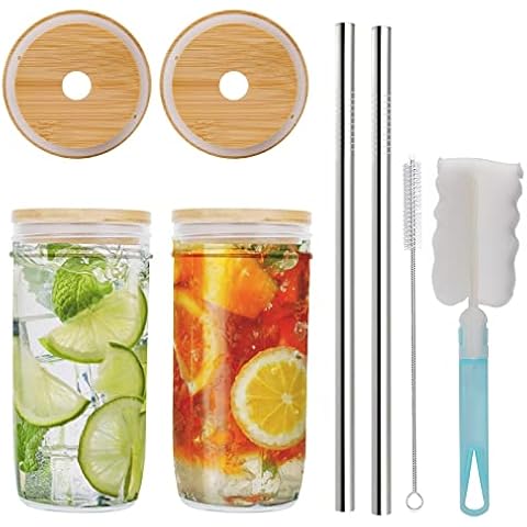 Hiziwimi 2PCS Reusable 28oz Wide Mouth Glass Mason Jar Drink Cup with Bamboo Lid Metal Straw Cup Brush for Travel Party Party Beer Mug Smoothie Mug Cover