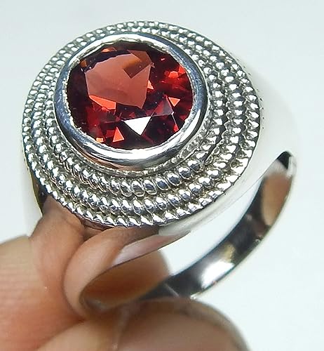 Image of 925 Sterling Silver Gemstone Ring Garnet Oval Faceted Ring Jewelry Vintage Silver Ring Statement Ring Beautiful Ring Gift For Her Designer Ring