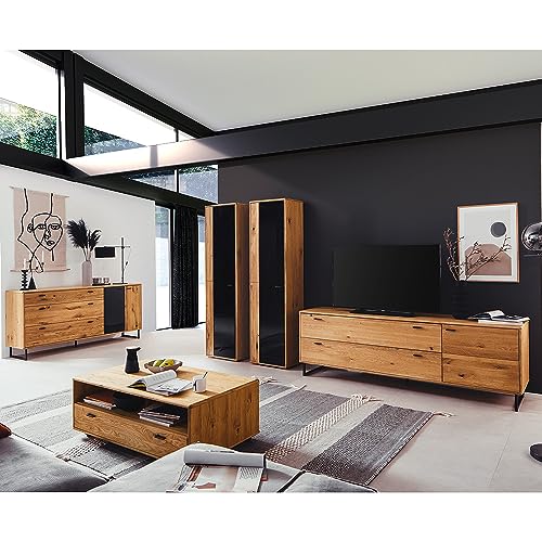 Lomadox Wohnwand Wohnzimmermöbel Set braun 5-teilig Wildeiche Teilmassiv | 1 Sideboard, 2 Vitrinen, 1 TV-Lowboard, 1 Couchtisch mit Beleuchtung – Bild 3