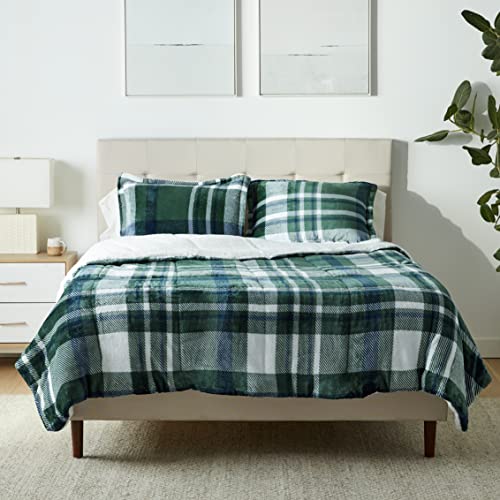 Image of Amazon Basics 3-Piece Ultra-Soft Micromink Sherpa Fleece Bedding Set, Warm All Season Comforter, Full /Queen, Green Plaid