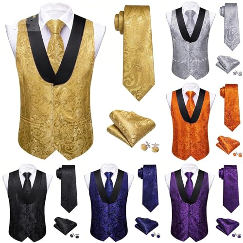 Men’s Silk Shawl Collar Paisley Vest Set Textured Floral Waistcoat with Tie, Pocket Square & Cufflinks for Business2
