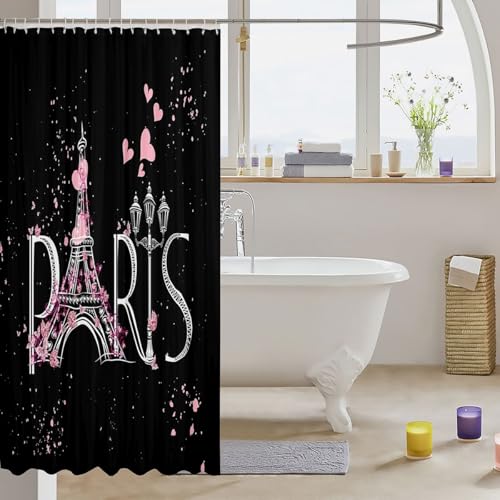 Image of Eiffel Tower Bath Curtain Chic Paris Shower Curtain Romantic Theme Bathroom Shower Curtain Set for Stalls Bathtubs Black Pink Bedroom Decor Modern French Style Waterproof Bathroom Curtains 72Wx78L