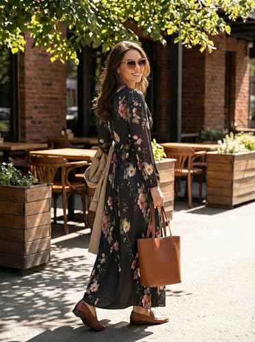 Image of SUZONANA Plus Size Dresses for Women Floral Print Maxi Dress Flowy 3 /4 Sleeve with Belt
