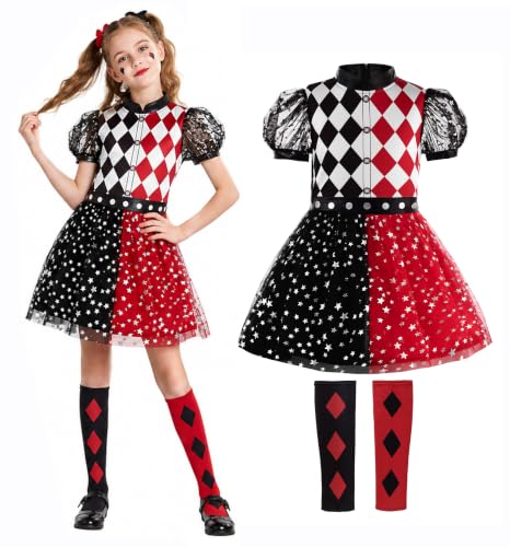 ReliBeauty girls clown Halloween costume size 8 with colour-blocked top three-layer tulle skirt and decorative knee pads