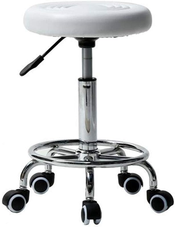 amuro Round Rolling Bar Stool PU Leather Chair, Adjustable Height Round Cushion Swivel Stools with Wheels for Salon/Medical/SPA/Drafting/Office, 360 Degrees, White